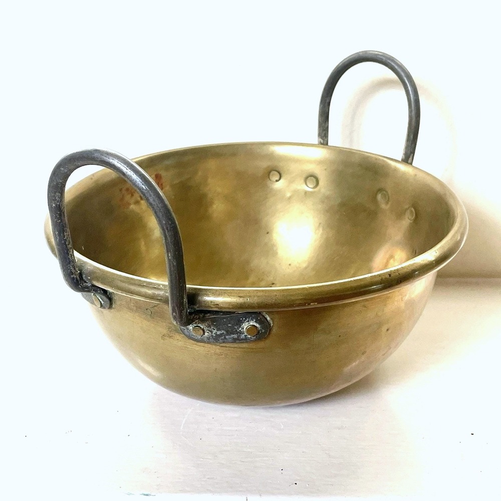 Vintage Hammered Brass Bowl with Iron Handles Rustic Farmhouse Decor Centerpiece